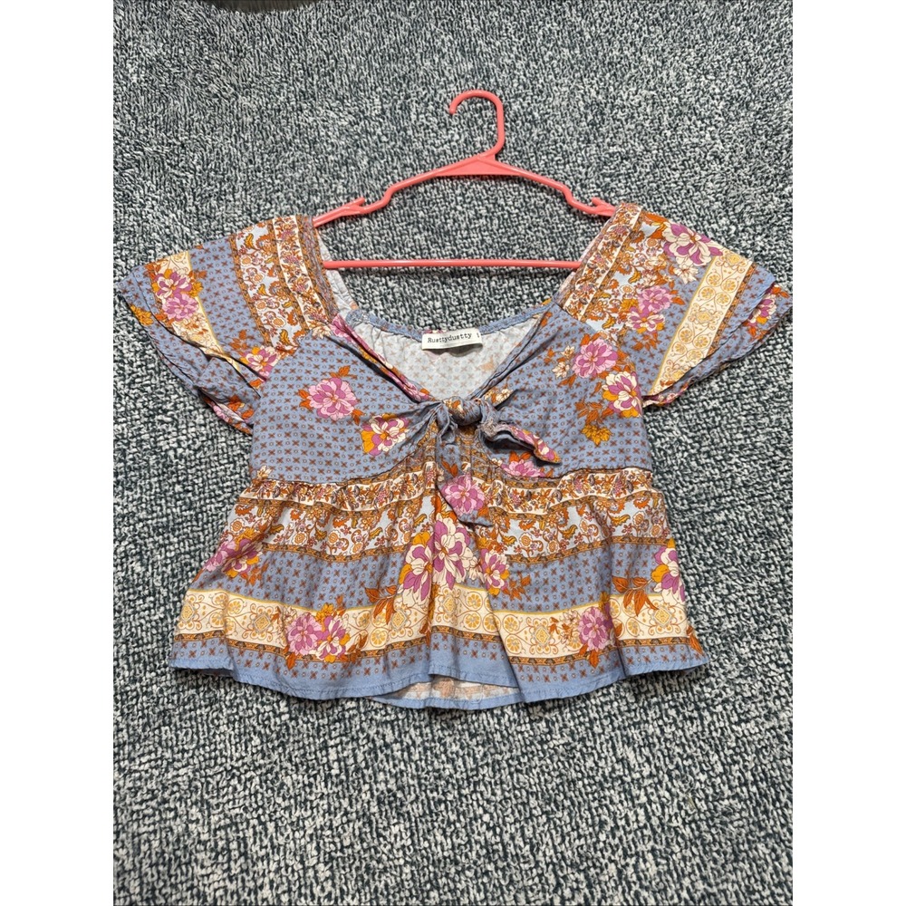 Rusttydustty Boho Floral Tie-Front Crop Blouse Blue Orange Size S